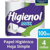 Papel Higienico Hoja Simple Max Aloe Panal Higienol 100 mt 4 un